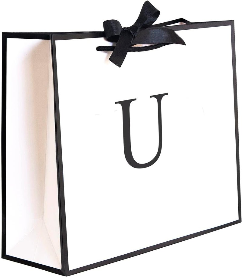 QLSKO Initial Gift Bag with Bow Ribbon Personalized Horizontal Paper Bag Monogrammed Birthday Gifts for Women Men (U-Medium) - Image 1